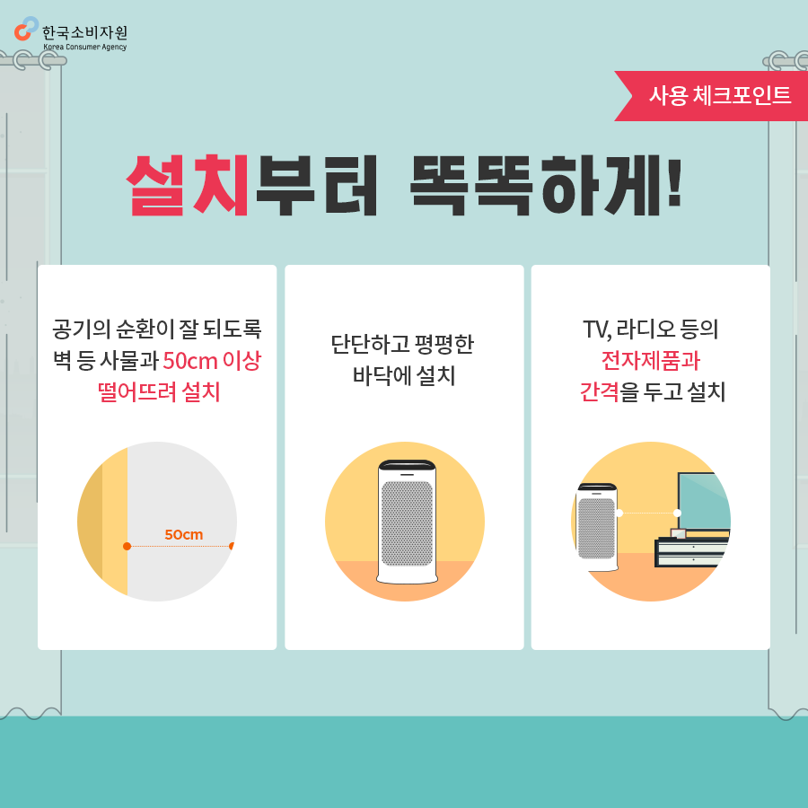 공기청정기는 벽 등 사물과 50cm 이상 떨어뜨려 설치 &mdash; 한국소비자원 안내