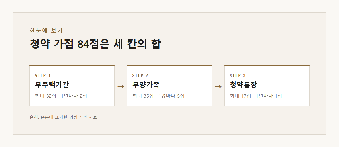 청약 가점 84점은 세 칸의 합 — 본문 내용을 정리한 도표