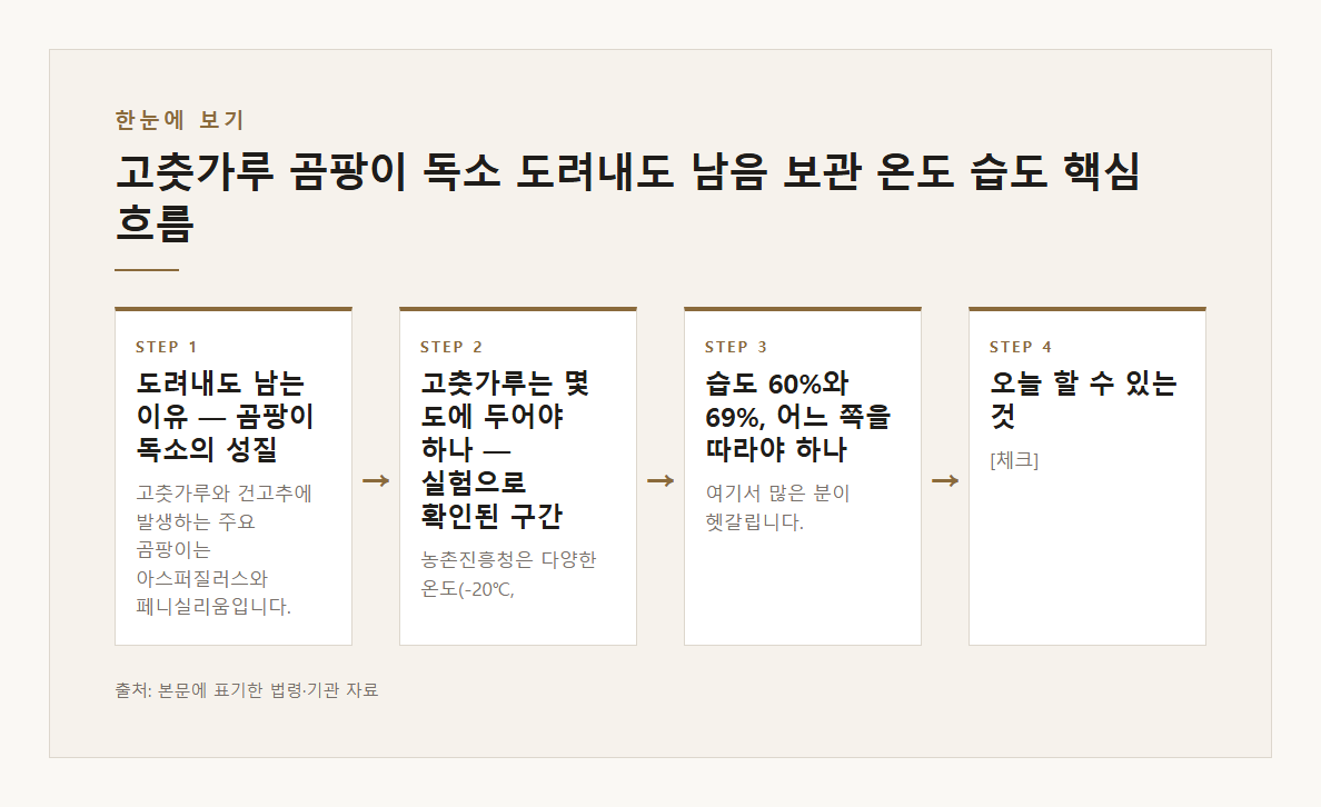 고춧가루 곰팡이 독소 도려내도 남음 보관 온도 습도 본문·공식출처 기반 설명 도표 1 · 본문 기반