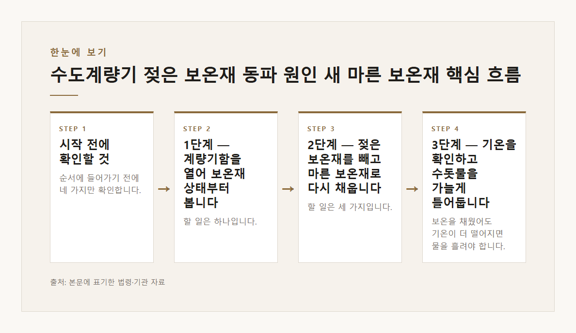 수도계량기 젖은 보온재 동파 원인 새 마른 보온재 교체 서울시 2,046건 97% 보온 미비 장기 부재 본문·공식출처 기반 설명 도표 1 · 본문 기반