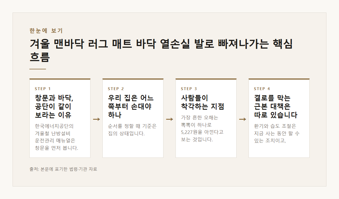 겨울 맨바닥 러그 매트 바닥 열손실 발로 빠져나가는 열 커튼 한국에너지공단 난방설비 운전관리 매뉴얼 행정안전부 2024-01-18 에어캡 문풍지 커튼 함께 5.5% 5,227원 본문·공식출처 기반 설명 도표 1 · 본문 기반